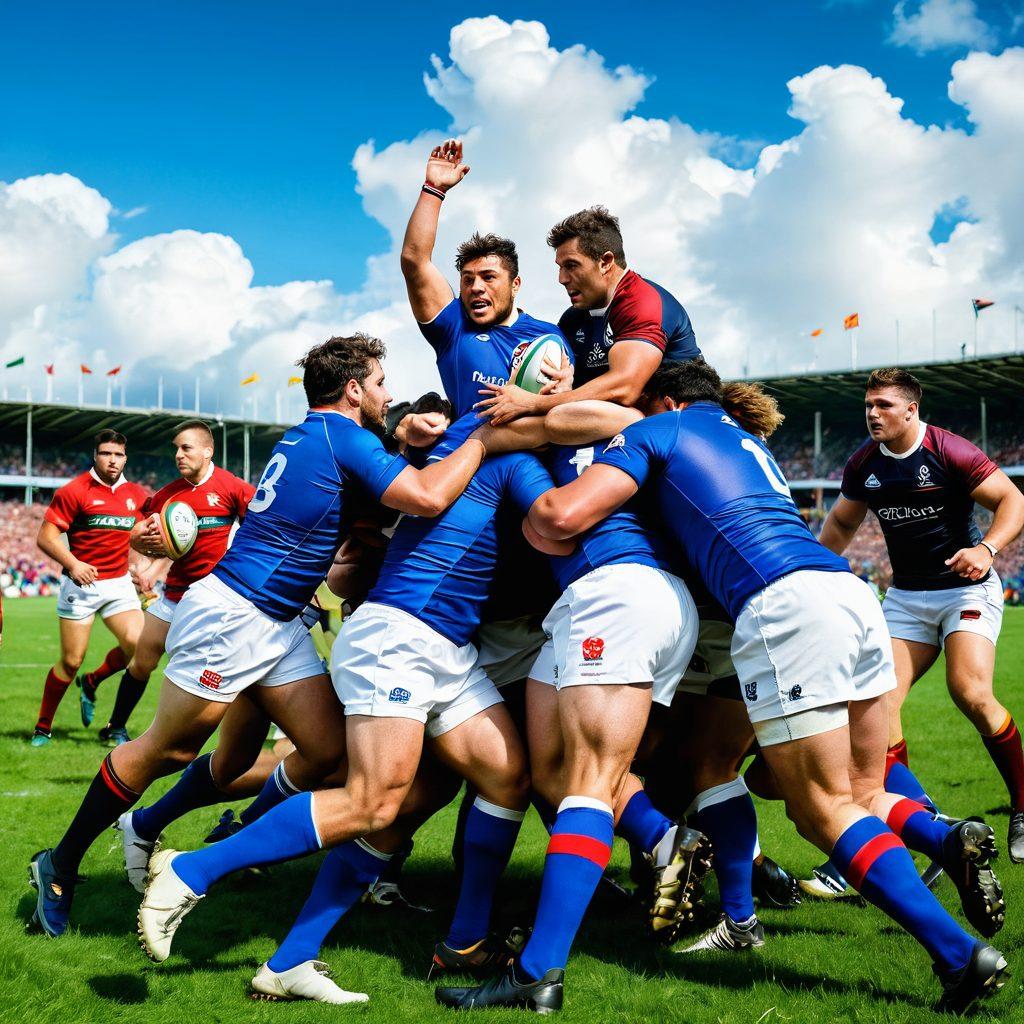A dynamic rugby match in action, with players in diverse jerseys showing intense teamwork on a lush green field. In the background, a vibrant crowd of fans from different cultures, waving flags and wearing face paint, depicts a strong community spirit. The sky is bright blue with scattered clouds, adding to the energetic atmosphere. Capture the essence of passion, camaraderie, and the love for rugby. super-realistic. vibrant colors. action-packed.