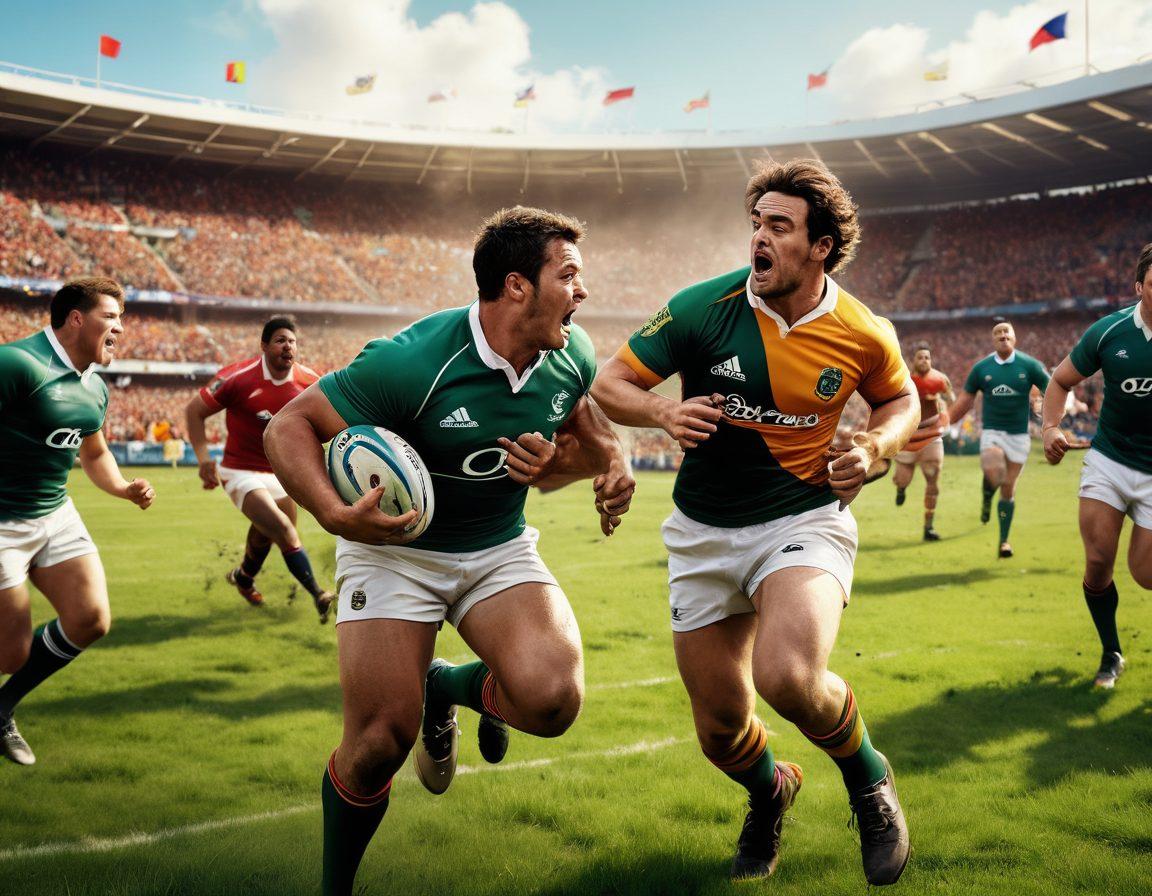A dynamic scene capturing a rugby match in action, showcasing passionate players tackling and cheering fans on the sidelines, with a vibrant community atmosphere. Include elements like a green field, colorful jerseys, and a backdrop of a lively crowd displaying banners and flags. Emphasize the athletic spirit and camaraderie among players and supporters. super-realistic. vibrant colors. high-energy.