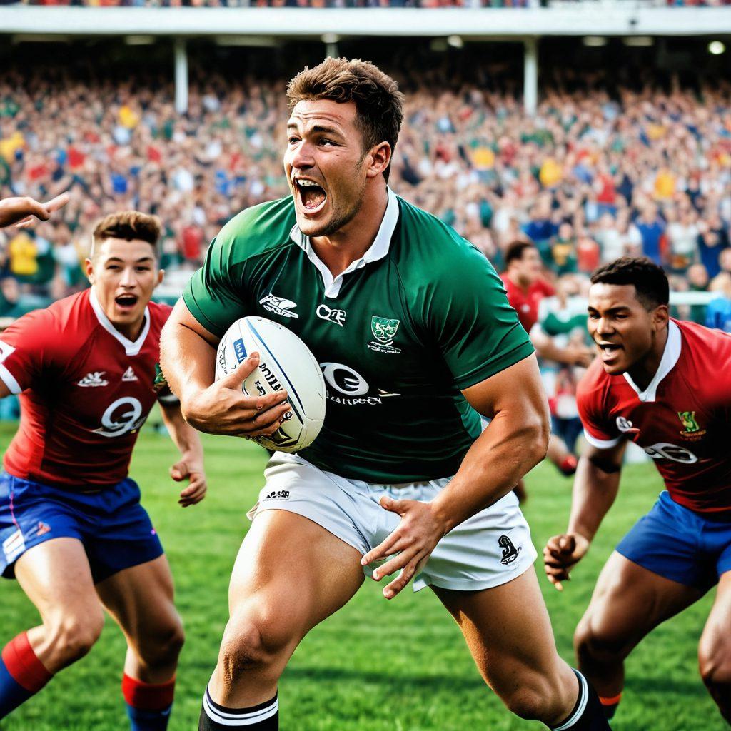 A dynamic illustration capturing a rugby player mid-action, surrounded by a diverse group of fans celebrating their local community. The background features lush green fields and a vibrant stadium, emphasizing teamwork and grassroots spirit. Include elements like flags, jerseys, and children playing rugby to convey the sport's impact. super-realistic. vibrant colors. action-packed.